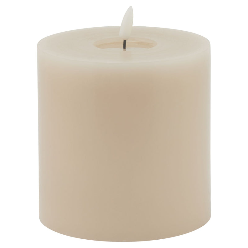 Taupe melt-effect LED wax pillar candle, front view