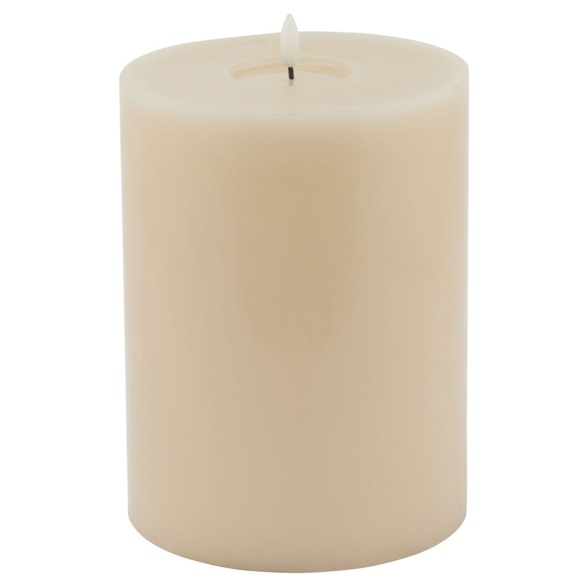 Taupe melt-effect LED pillar candle, front view