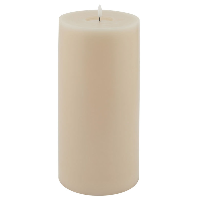 Taupe melt-effect LED pillar candle, front view