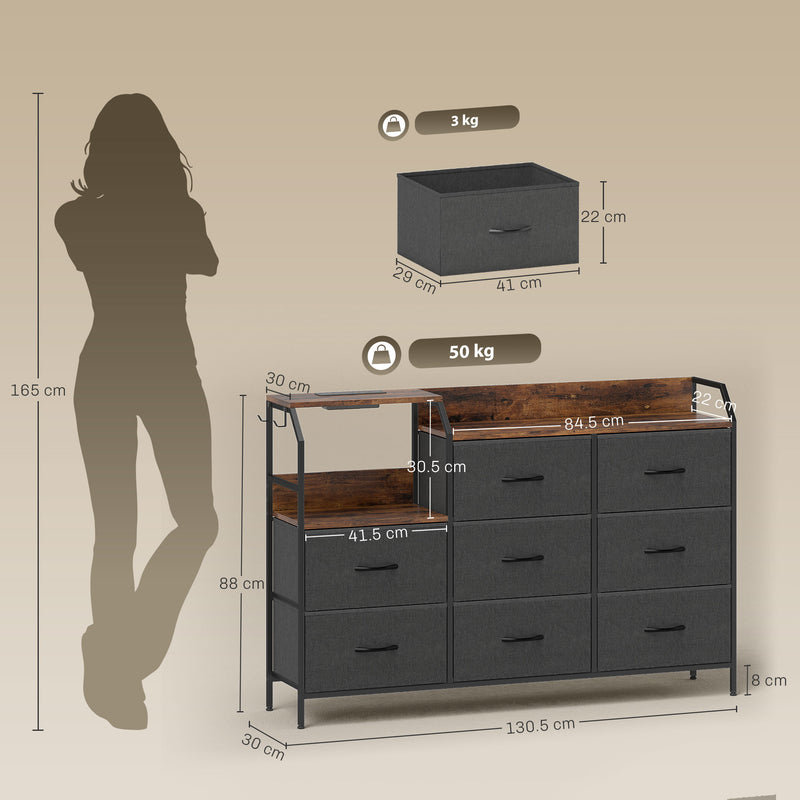 HOMCOM Chest of Eight Drawers, with Charging Station - Brown/Black – view 3