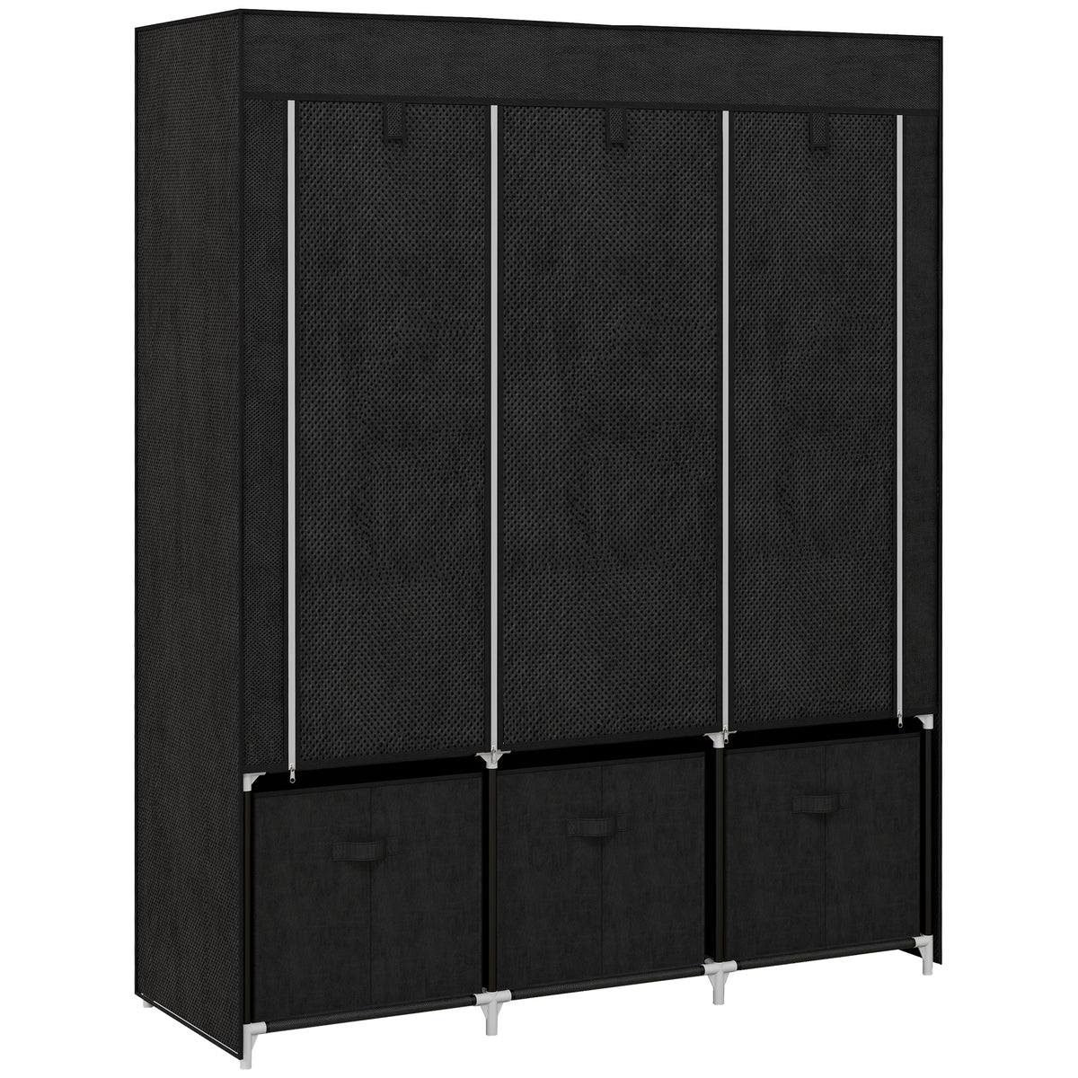 Black fabric wardrobe with two hanging rails, five shelves and three fabric drawers