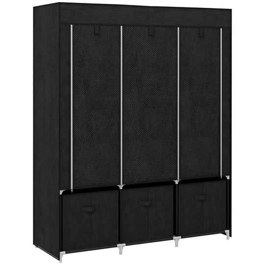 Black fabric wardrobe with two hanging rails, five shelves and three fabric drawers