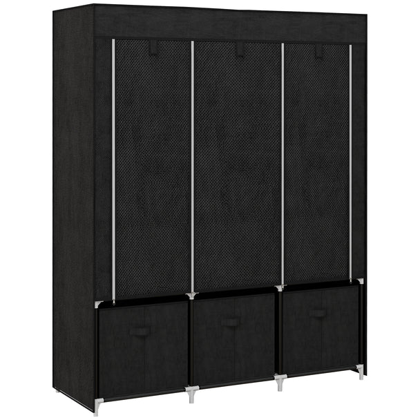 Black fabric wardrobe with two hanging rails, five shelves and three fabric drawers