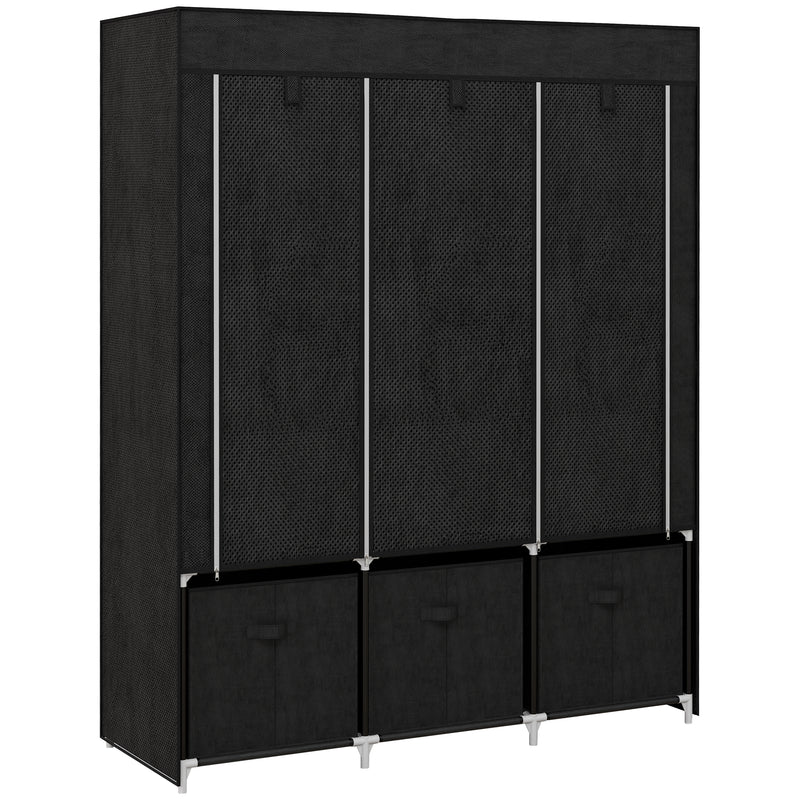 Black fabric wardrobe with two hanging rails, five shelves and three fabric drawers