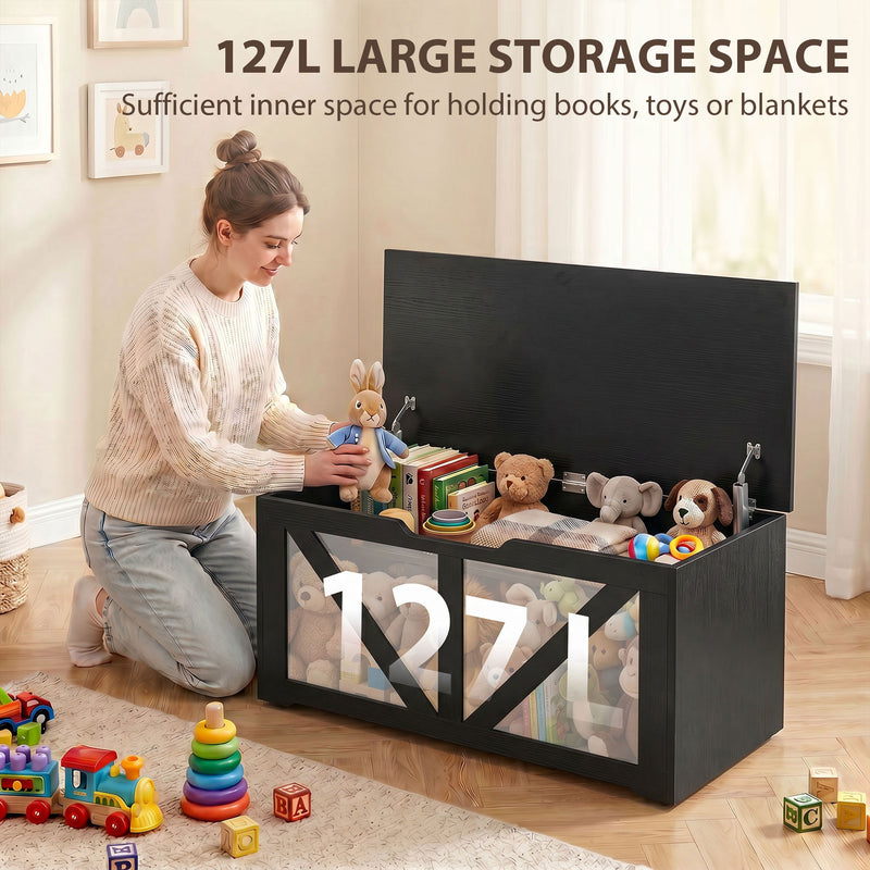HOMCOM 127L Home Storage Box, with Safety Hinges - Black Wood-Effect – view 4