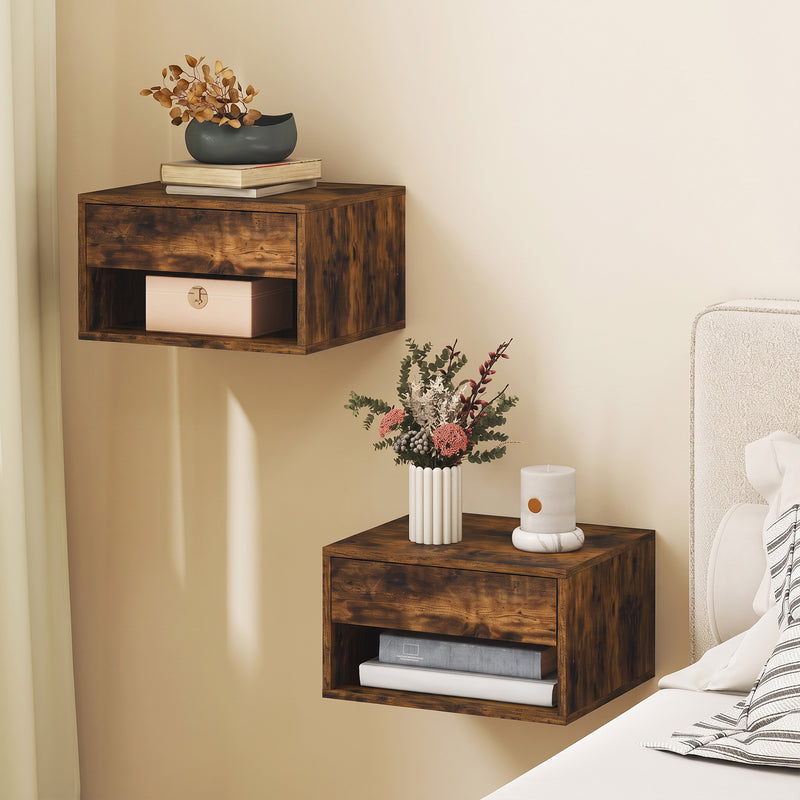 HOMCOM Set of Two Floating Bedside Tables - Rustic Brown – view 2