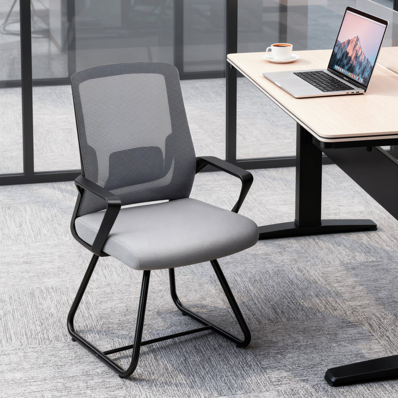 HOMCOM Desk Chair No Wheels, Office Chair with Mesh Back, Lumbar Support, Metal Base for Waiting Room, Conference Room – view 2