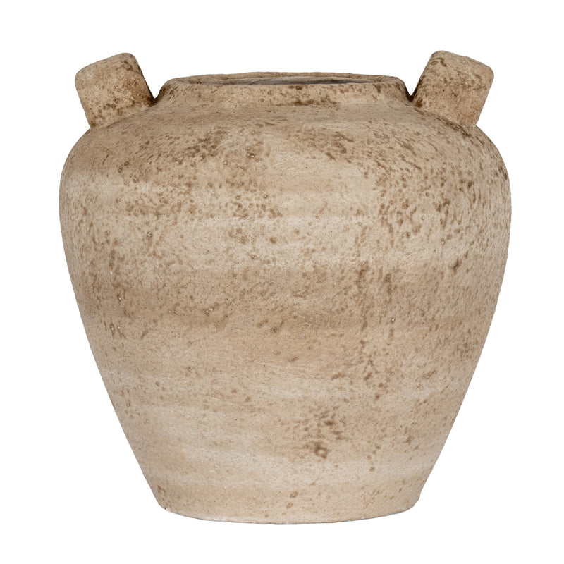Terra stone-effect ceramic urn vase with handles, front view