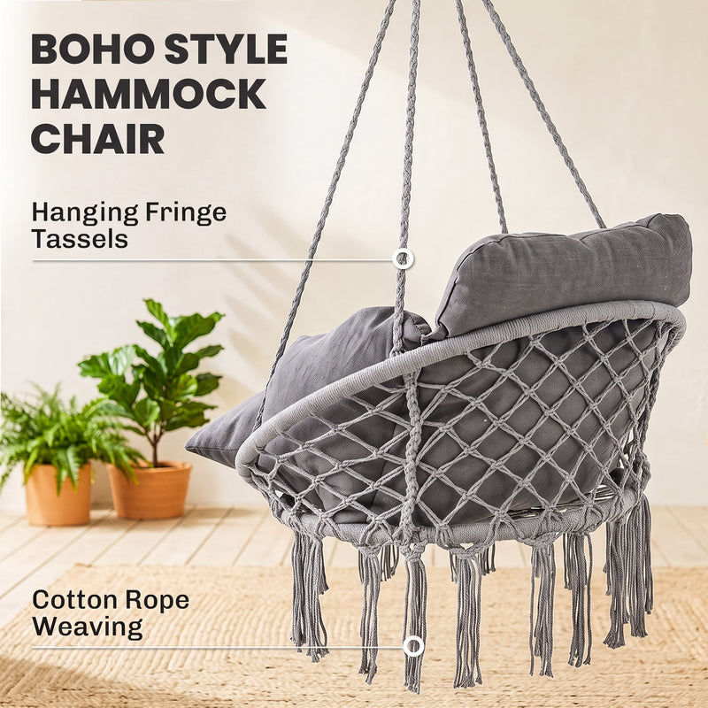 Outsunny Hanging Chair Outdoor Hammock Chair with Soft Cushion, Cotton Rope Boho Style Swing Chair, Hanging Garden – view 5
