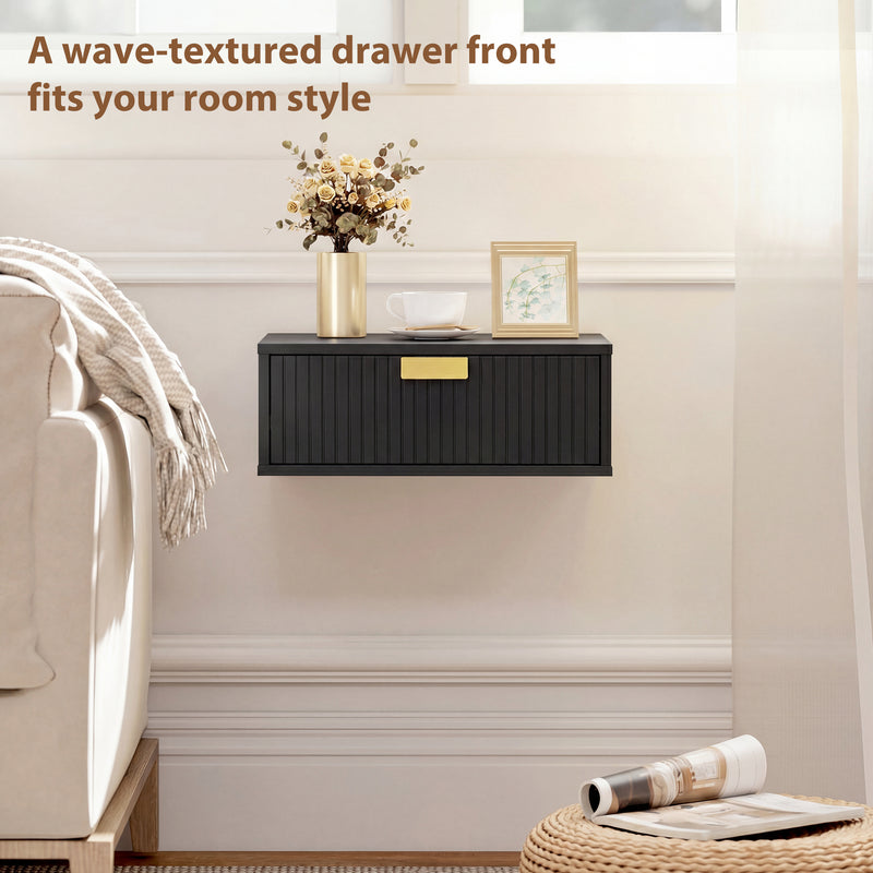 HOMCOM Modern Floating Nightstands Set of 2, Wall Mounted Bedside Tables with Wave Drawer Black – view 7