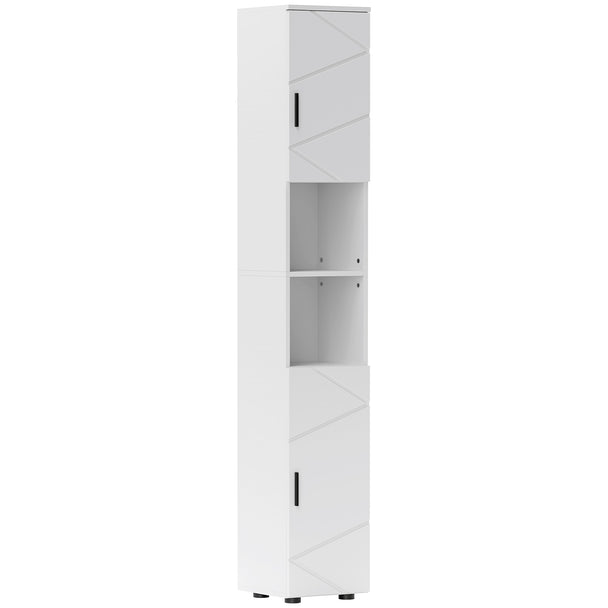 Tall white 183 cm bathroom cabinet with line-embossed doors and open shelves