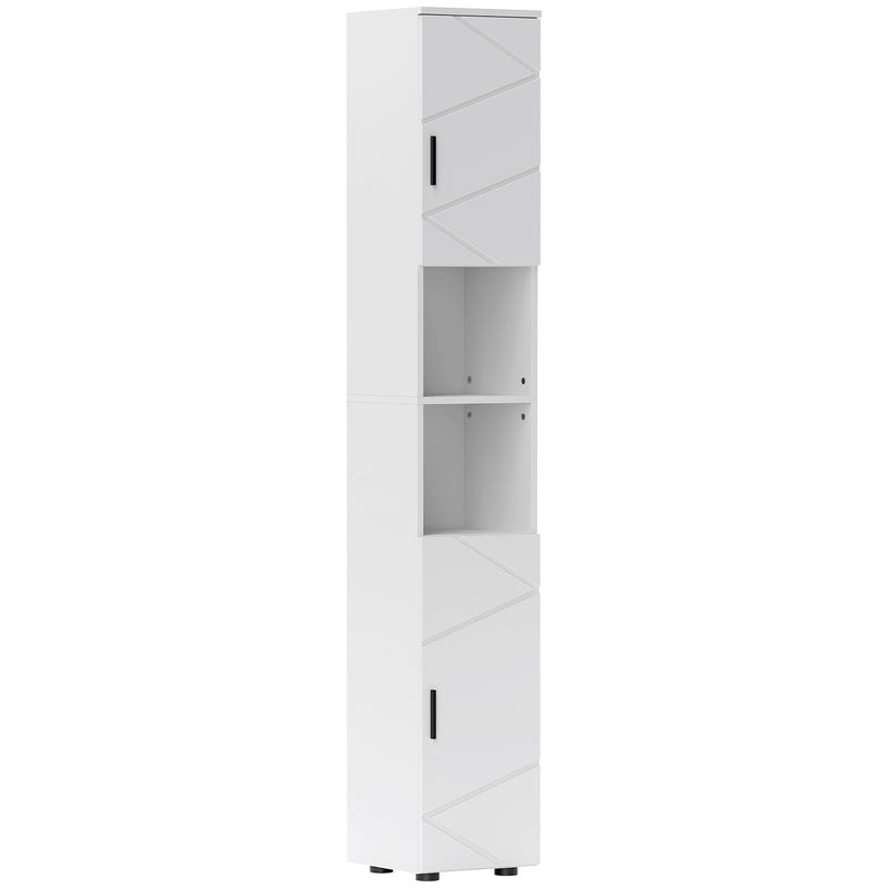 Tall white 183 cm bathroom cabinet with line-embossed doors and open shelves