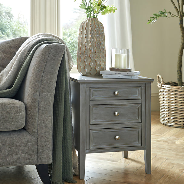 Serene Three-Drawer Bedside Table – Grey, product view