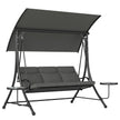 Dark grey 3-seater garden swing seat with steel A-frame, adjustable canopy and round glass side tables