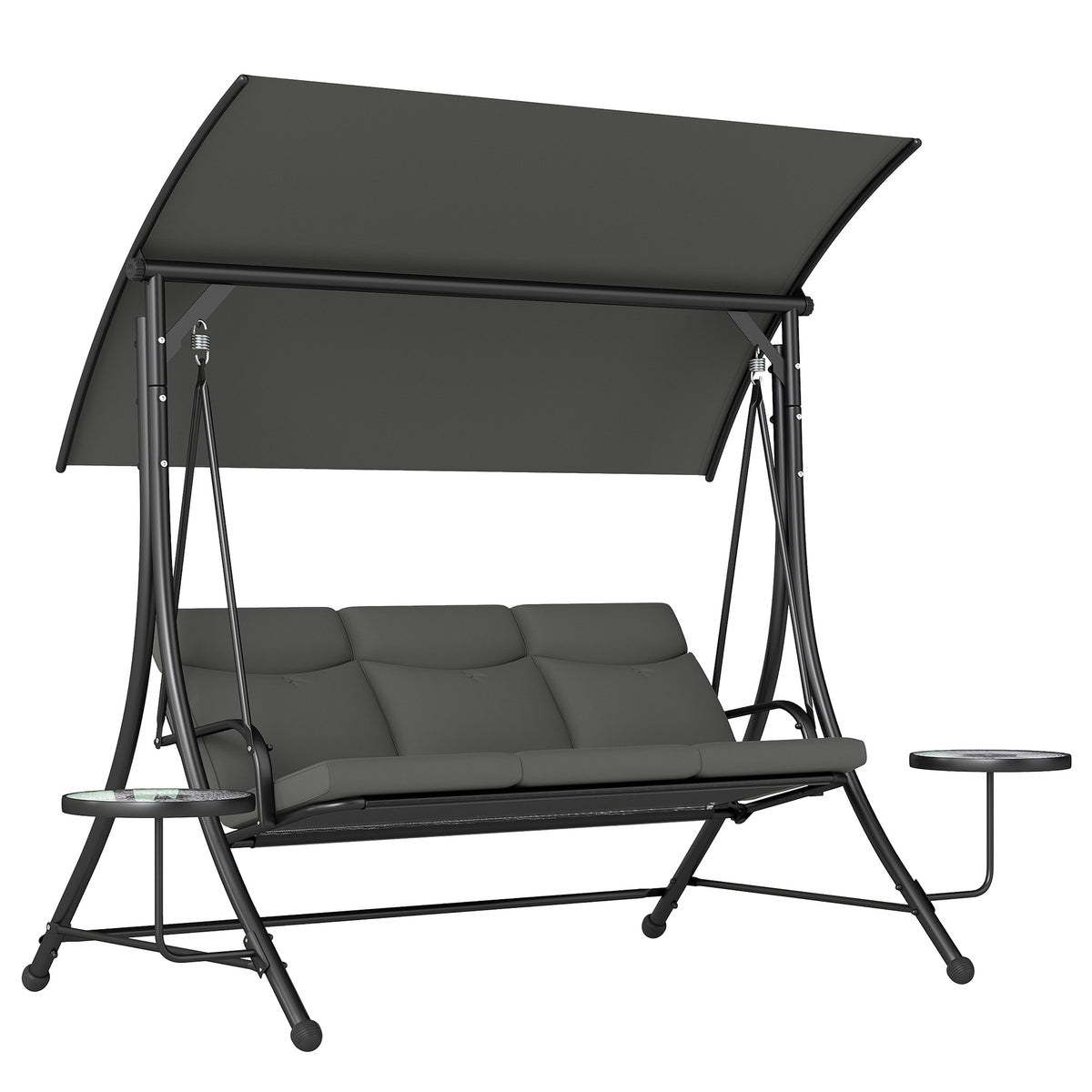 Dark grey 3-seater garden swing seat with steel A-frame, adjustable canopy and round glass side tables