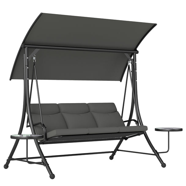 Dark grey 3-seater garden swing seat with steel A-frame, adjustable canopy and round glass side tables