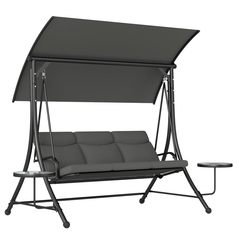 Dark grey 3-seater garden swing seat with steel A-frame, adjustable canopy and round glass side tables