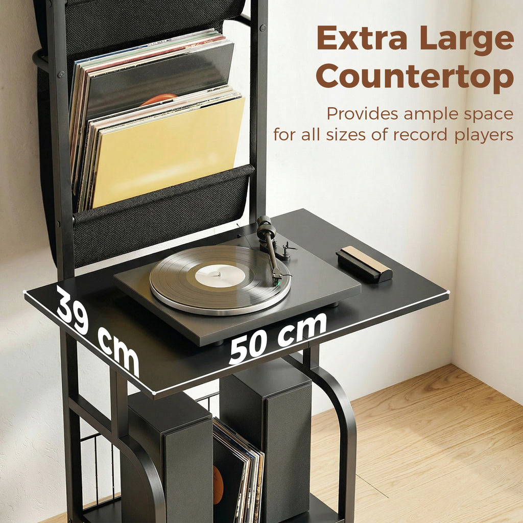Vinyl Record Player Stand Record Storage with Player Stand Oxford Fabric Pockets Bottom Shelf, Black