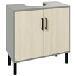 Grey and oak farmhouse-style under sink bathroom cabinet with double doors