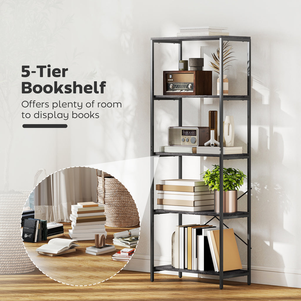 5-Tier Bookshelf, Industrial Bookcase with Metal Frame - Dark Grey and Black