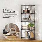 5-Tier Bookshelf, Industrial Bookcase with Metal Frame - Dark Grey and Black