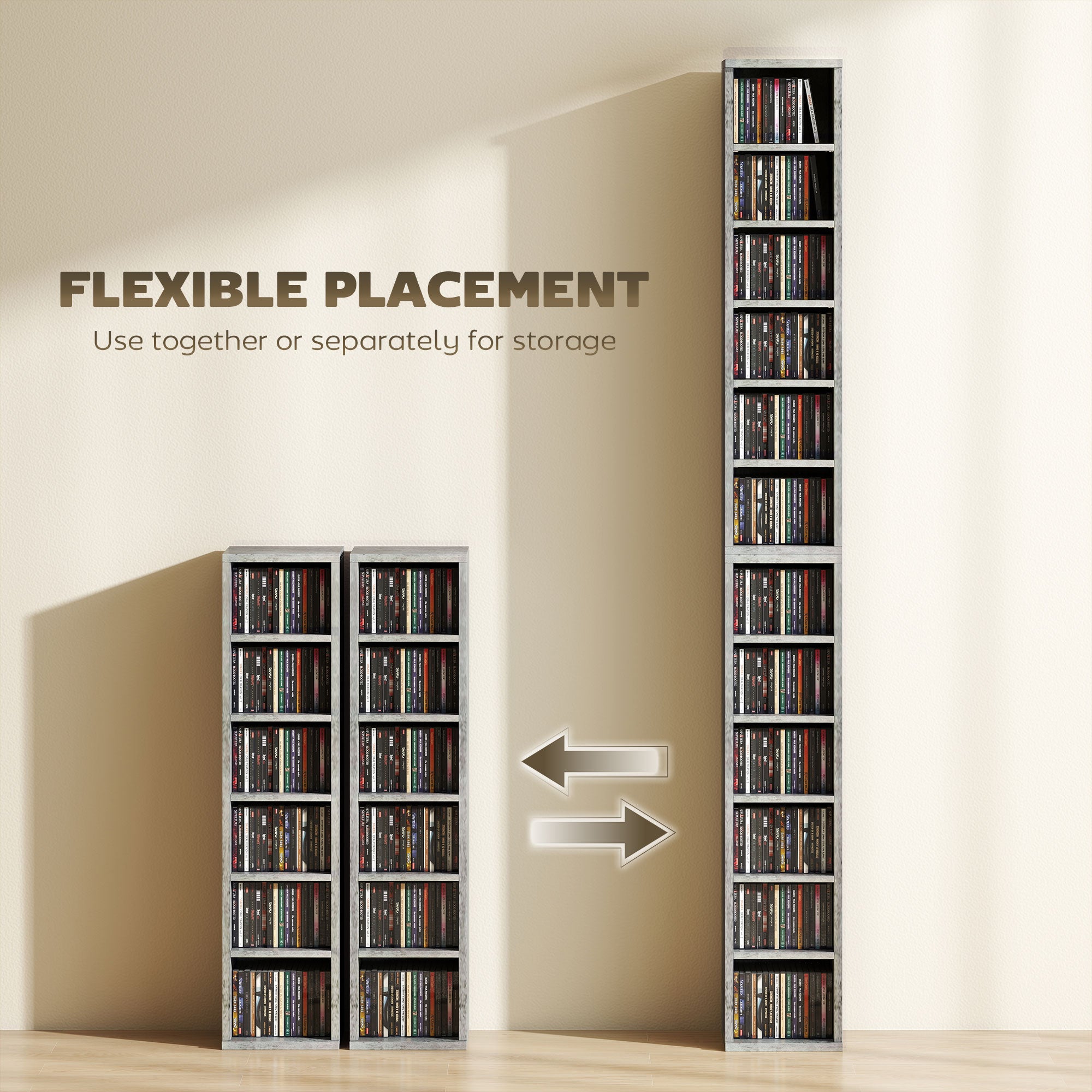 Set of 2 CD Media Display Shelf Unit Tower Rack with Adjustable Shelves, Grey