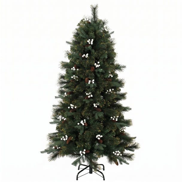 5ft green fir Christmas tree decorated with white berries and red berry ornaments