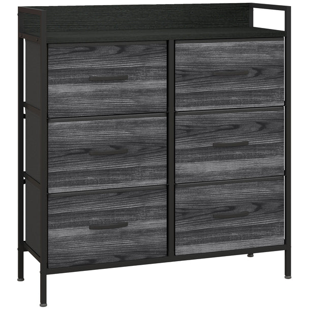 Black 6-drawer fabric chest with rustic wood-effect top and steel frame