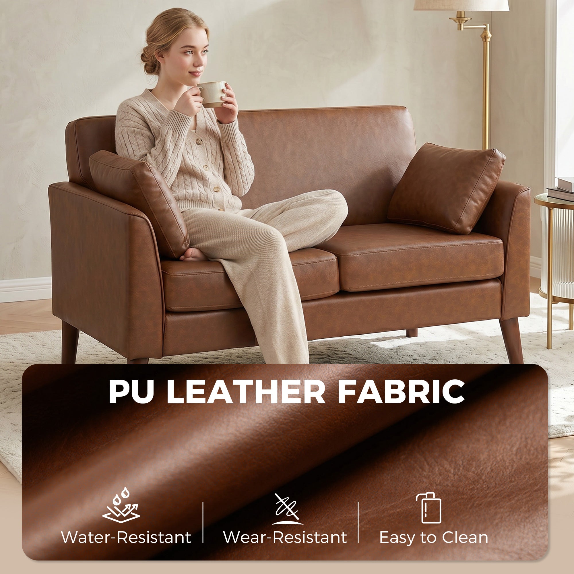 2 Seater Sofa, 132 cm Modern Small Sofa with Solid Wood Legs and 2 Pillows for Small Space, Brown