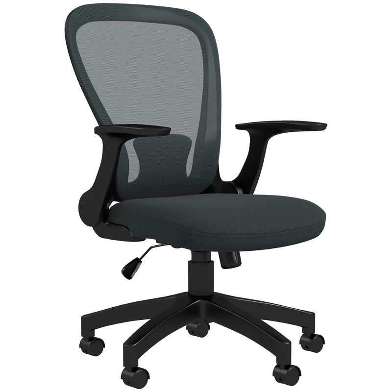 Charcoal grey mesh office chair with curved back, flip-up armrests and five-wheel base