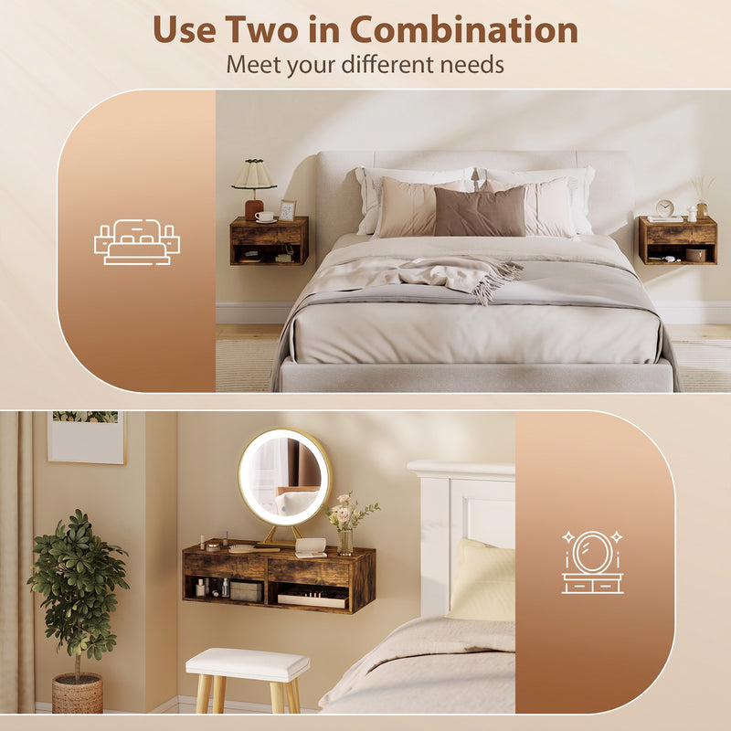 HOMCOM Set of Two Floating Bedside Tables - Rustic Brown – view 6