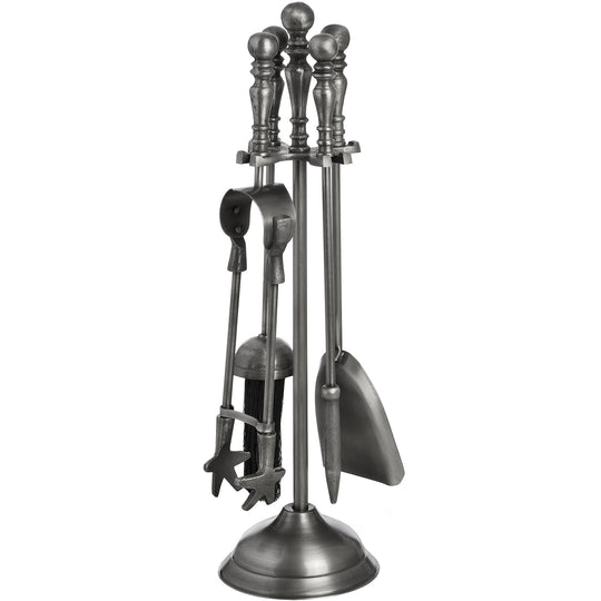 Traditional antique pewter companion set, front view