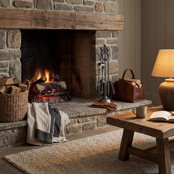 Antique pewter companion set beside a lit stone fireplace