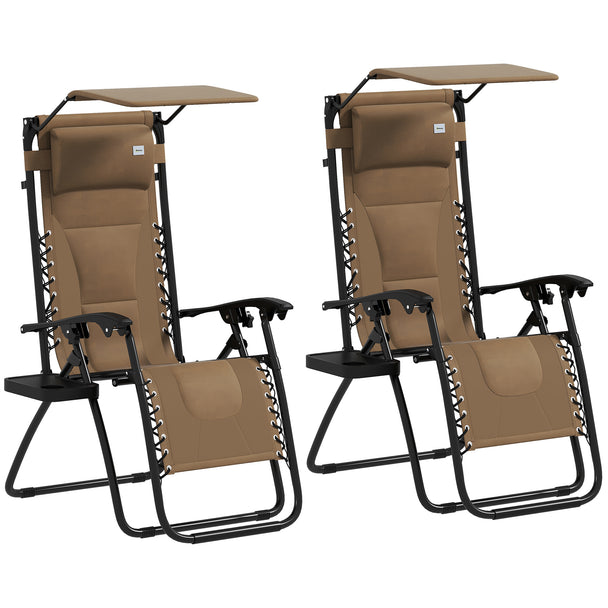 Set of 2 coffee brown folding zero gravity recliner chairs with shade canopies and cup holder trays