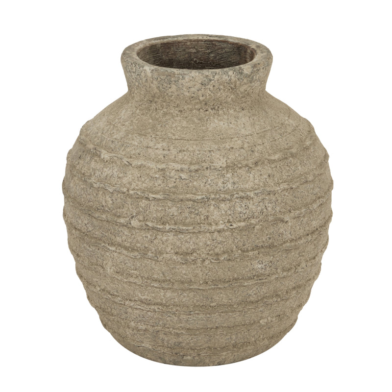 Tuscan medium stone grey ribbed ceramic vase, front view