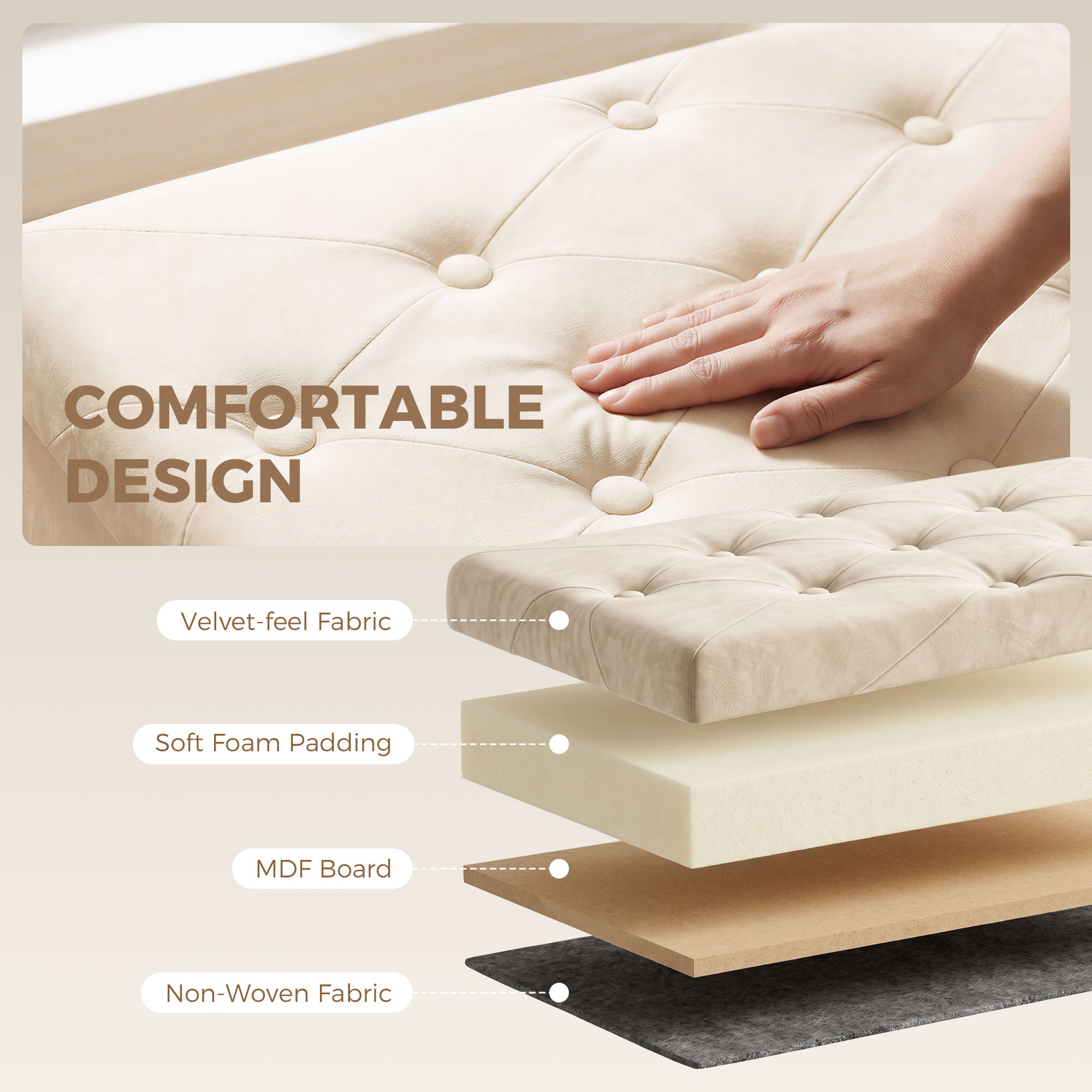 Velvet Upholstered Foldable Ottoman Footrest, Storage Ottoman Bench with Wood Legs for Living Room, Cream White