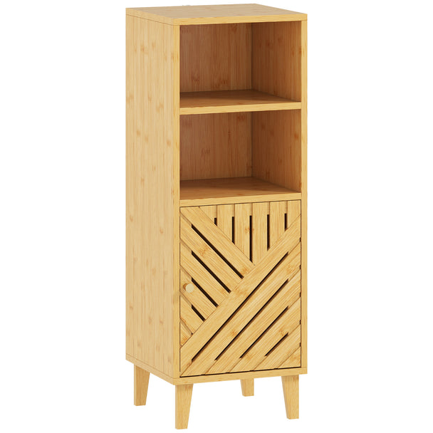 Slim natural bathroom cabinet with slatted bamboo door, bamboo legs and open compartments