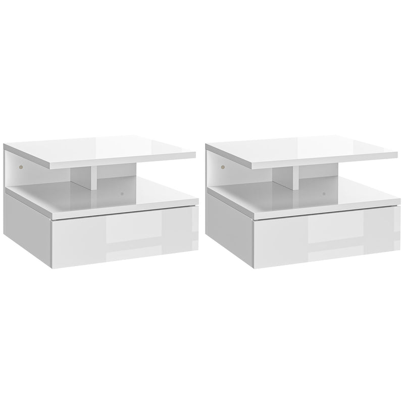 Two high gloss white floating bedside tables with drawer and open shelf