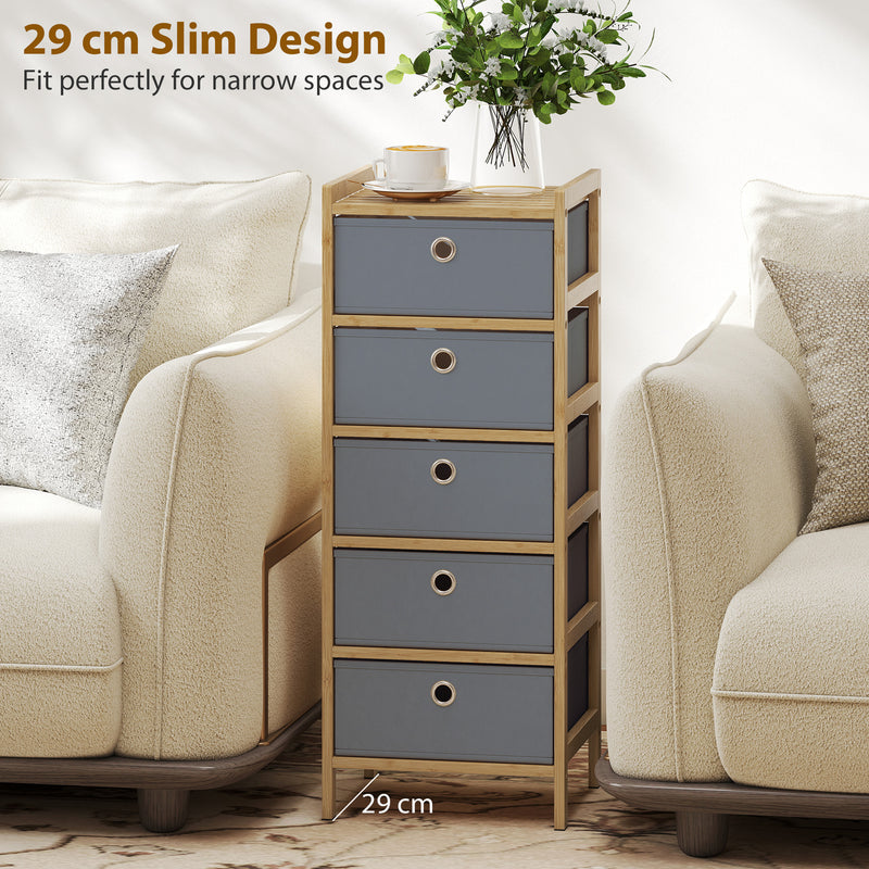 HOMCOM Chest of Drawers, 5 Fabric Drawers Narrow Dresser with Bamboo Frame, Light Grey – view 6