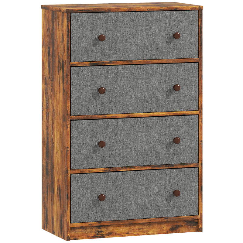 Grey and rustic brown 4-drawer fabric chest of drawers with wood-effect top and steel frame