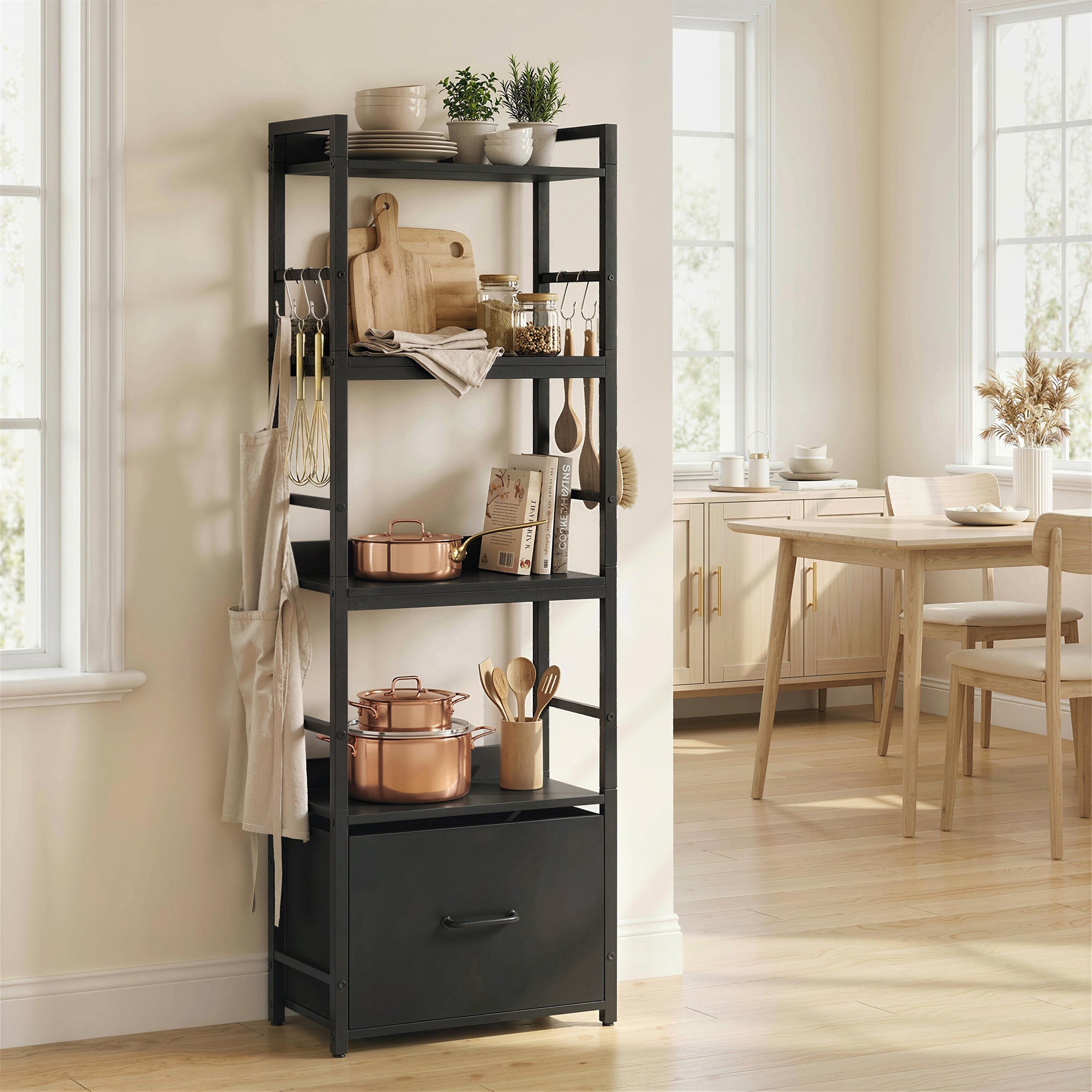 4-Tier Bookshelf, Narrow Bookcase with Drawer, 8 Hooks, Metal Frame, Black