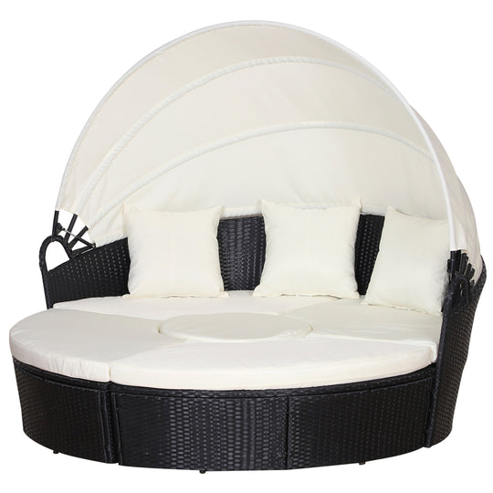Round black rattan garden daybed with retractable canopy and beige cushions