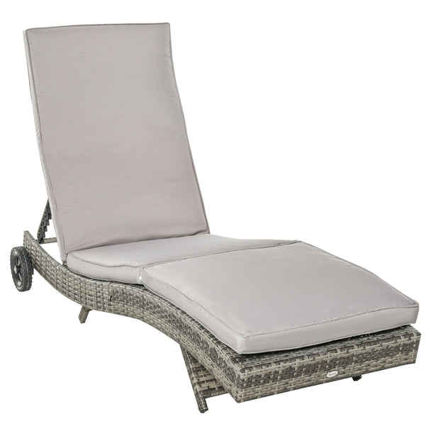 Grey rattan sun lounger with padded cushion, adjustable backrest and wheels