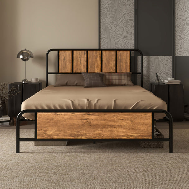 Industrial double bed frame with rustic brown wood headboard and black steel frame