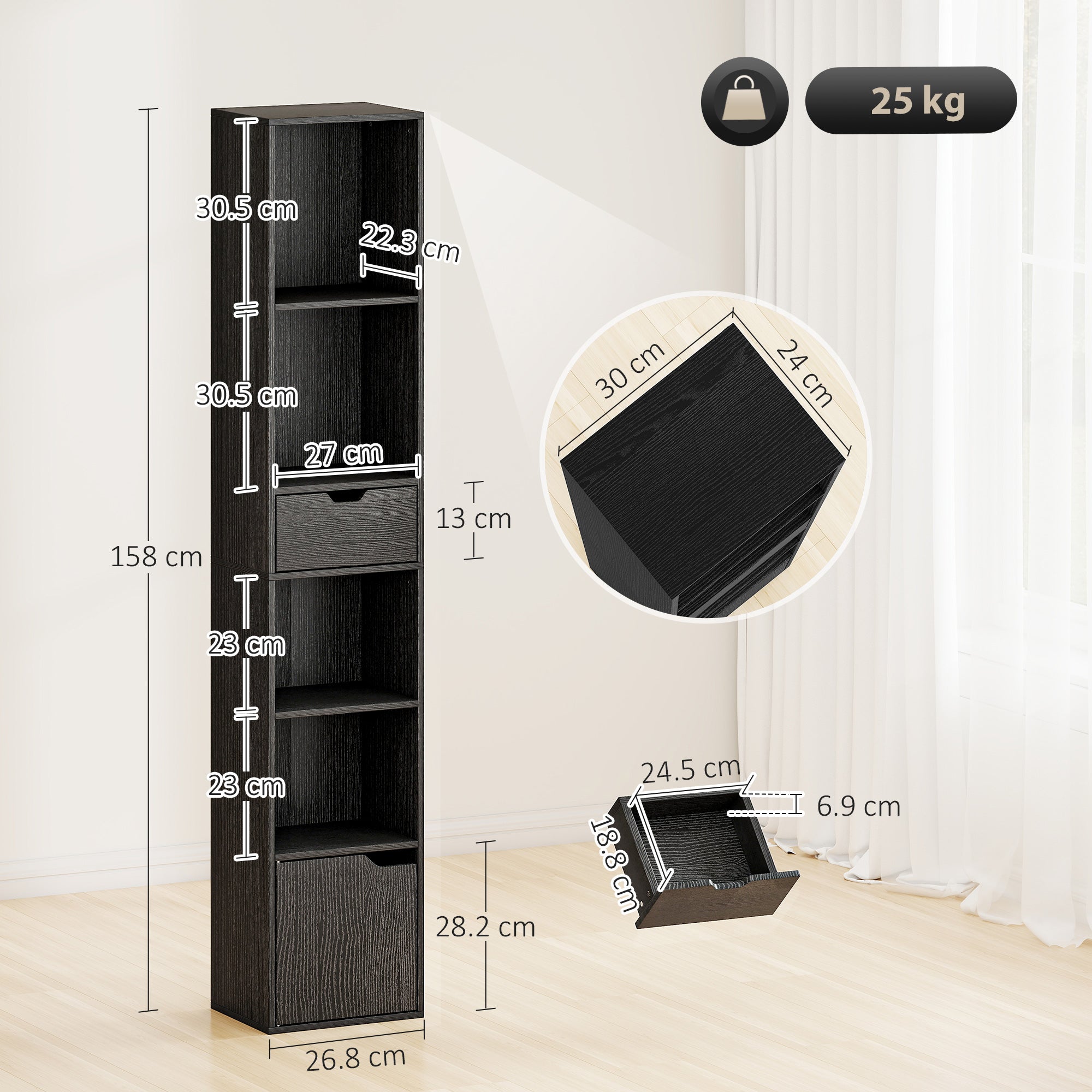 6-Tier Bookcase, Tall Narrow Bookshelf with Drawer and Door - Black