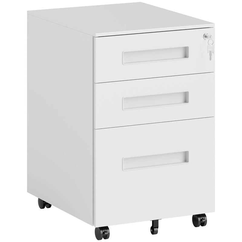 White 39 cm wide steel 3-drawer filing cabinet with top lock and castors