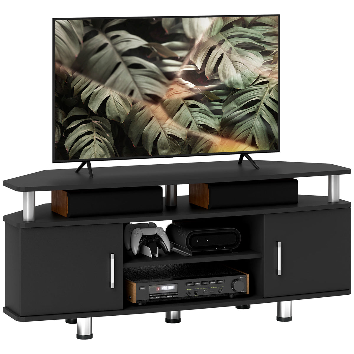 120 cm TV Stand with 2 Cupboards & Open Shelves – Black