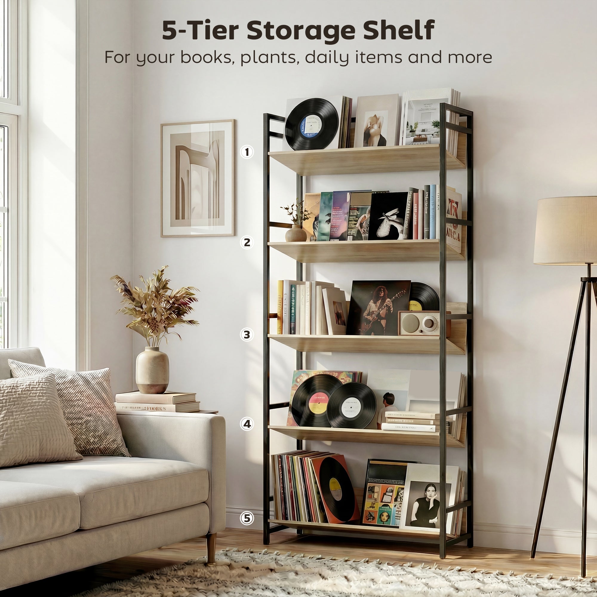 Bookshelf 5-Tier Metal Frame Bookcase Storage Shelves for Living Room Oak