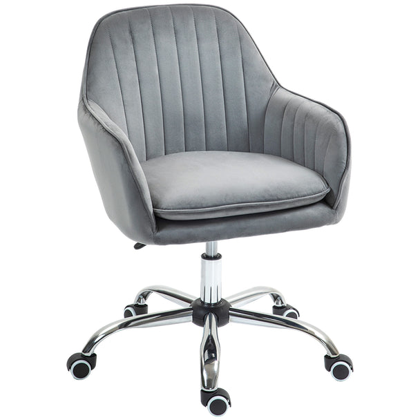 Grey velvet-feel tub office chair with channel-tufted back and chrome swivel base