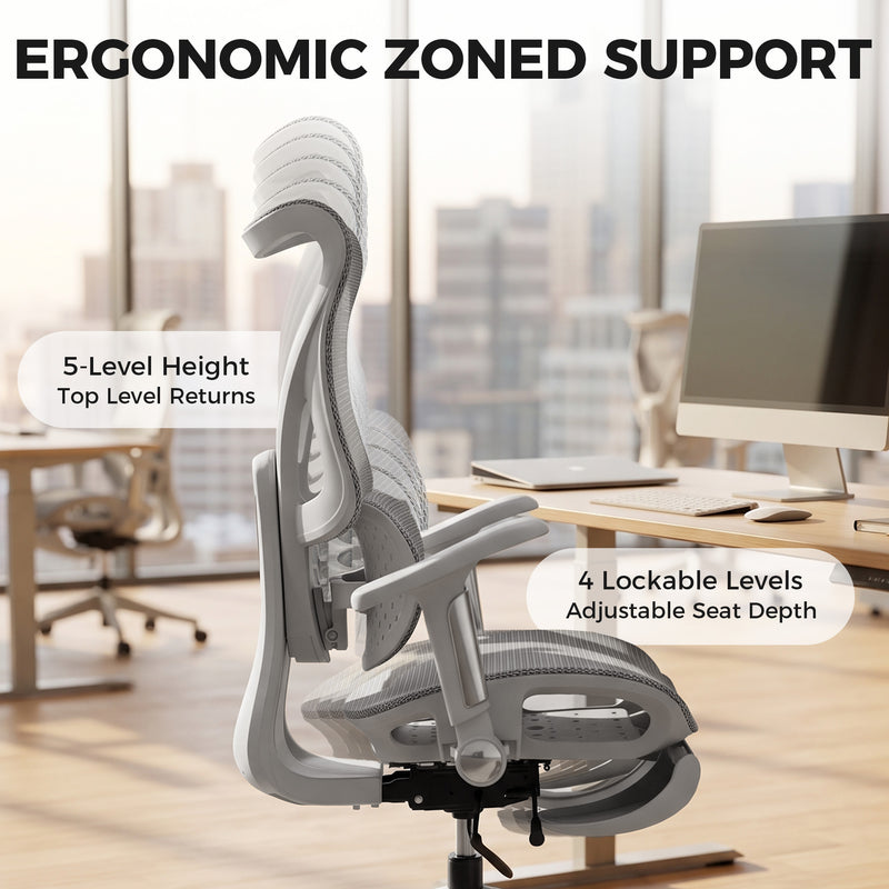 HOMCOM Ergonomic Office Chair with Lumbar Support, Mesh Reclining Desk Chair with Footrest, Adjustable High Back, Grey – view 4